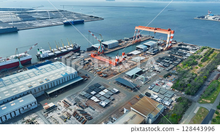 Aerial view of a port dock Aerial view of a port dock 128443996
