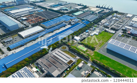 Aerial view of an industrial area lined with factories 128444011