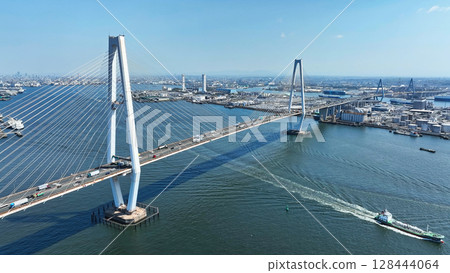 Aerial view of bridge and road scenery Aerial view of bridge and road scenery 128444064
