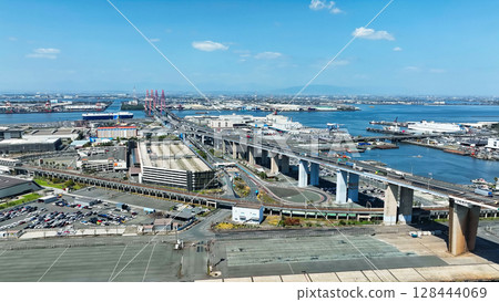 Aerial view of bridge and road scenery Aerial view of bridge and road scenery 128444069