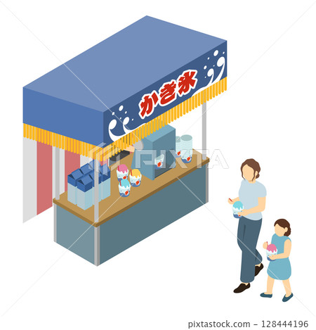 Isometric illustration: Parents and children buying shaved ice at a shaved ice stand 128444196