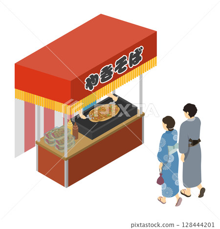 Isometric illustration: Couple buying yakisoba at a yakisoba stall 128444201