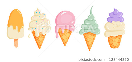 Set of kawaii ice cream cones with different flavors 128444250