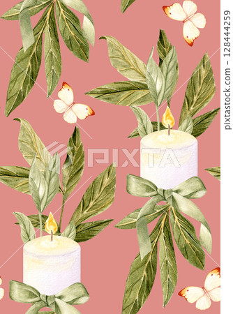 White candles, green tropical leaves, butterflies seamless pattern on pastel pink background. Hand-painted. Perfect for romantic decor, wedding design, gift wrapping, eco packaging, branding 128444259