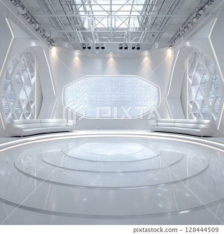 Modern television studio interiors with futuristic stage designs and bright lighting setups 128444509