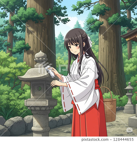 A pure shrine maiden working within the shrine grounds 128444655