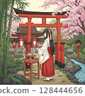 A spring scene with a shrine maiden working at the shrine 128444656