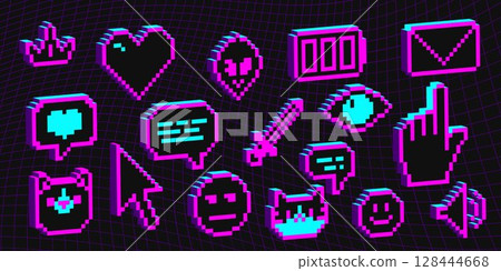 Retro pixel art 3d emoticon set Retro pixel art 3d emoticon set 128444668