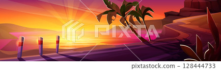 Tropical sunset road with glowing horizon over sea 128444733
