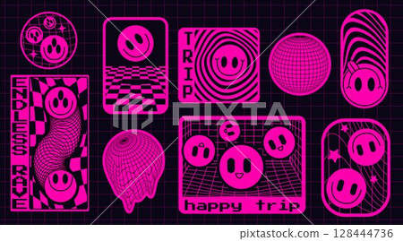 Hot pink rave sticker pack with smiling faces Hot pink rave sticker pack with smiling faces 128444736