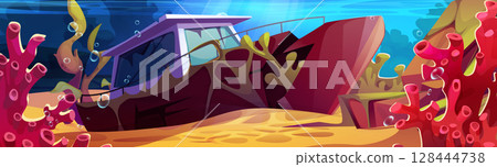 Cartoon underwater shipwreck scene 128444738