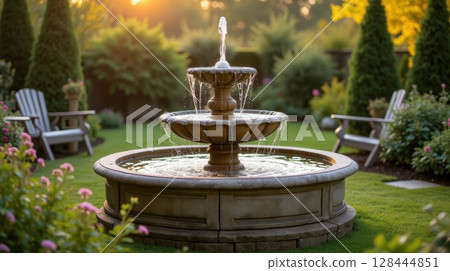 A peaceful garden fountain with silky flowing water and vibrant plants in daylight. 128444851