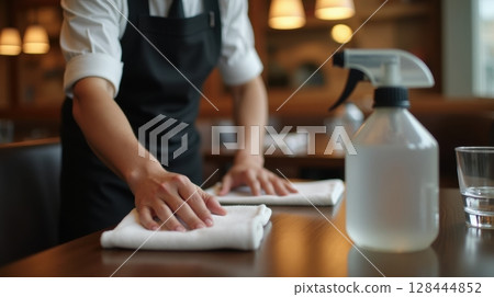 male waiter meticulously cleans a wooden restaurant table male waiter meticulously cleans a wooden restaurant table 128444852