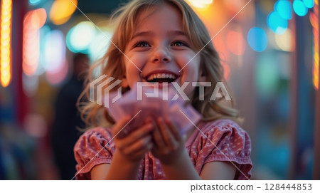 girl laughing up close holding prize tickets girl laughing up close holding prize tickets 128444853