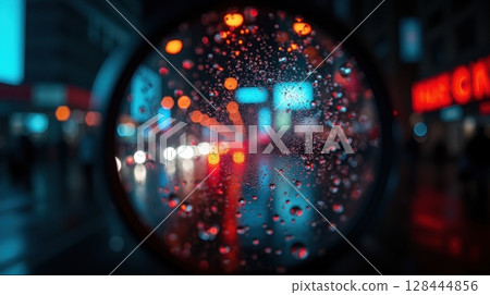 POV shot of a city street at night through a lens covered in raindrops 128444856
