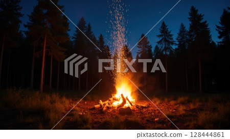 campfire in a dark forest at night campfire in a dark forest at night 128444861