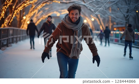 A man joyfully spins on a scenic outdoor ice rink 128444866