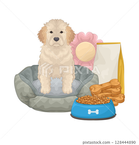 Illustration of Dog with Food Bowl Illustration of Dog with Food Bowl 128444890