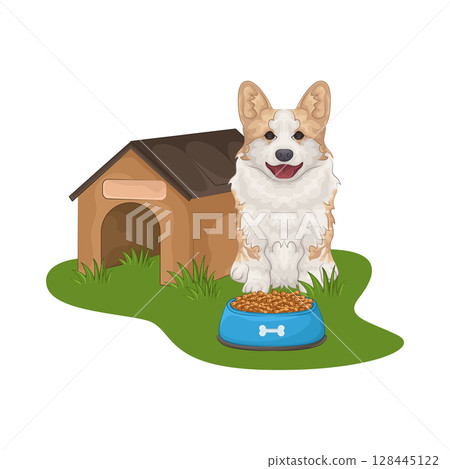 Illustration of Dog with food bowl Illustration of Dog with food bowl 128445122