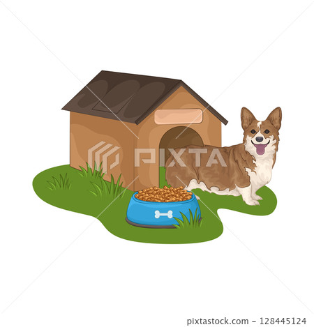 Illustration of Dog with food bowl 128445124