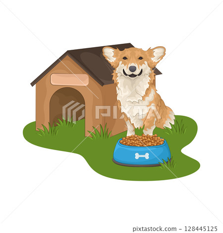 Illustration of Dog with food bowl 128445125