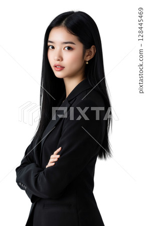 Elegant Business Pose Stylish young woman with long black hair in a dark blazer, facing forward with slight smile, confident 128445469