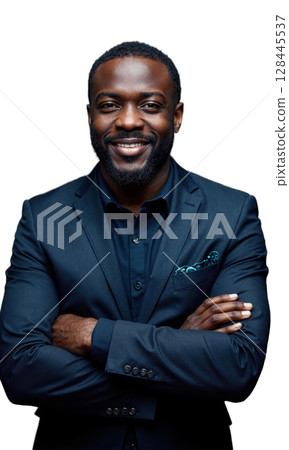 A Black male CEO in dark navy, arms folded, as digital currency symbols and stock market graphs pulse around him 128445537