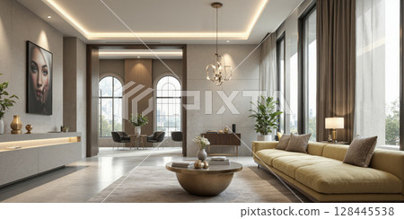 Luxury waiting area with a plush velvet sofa, modern glass coffee table, and neutral-toned walls. Soft overhead lighting and task 128445538