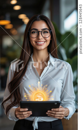 Middle Eastern woman with glasses, radiant smile, holding a tablet displaying a glowing success icon, symbolizing achievement in business leadership. 128445643