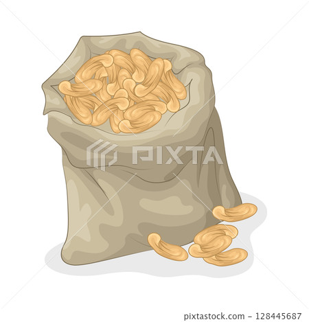 Illustration of cashew nut in a sack  128445687