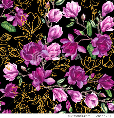 Watercolor bouquet magnolia and gold decorative illustration 128445785