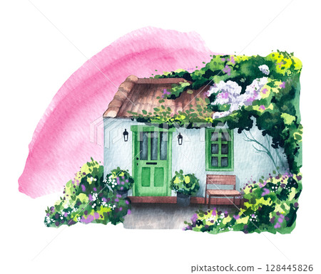 Garden watercolor cottage hand drawn collection 128445826