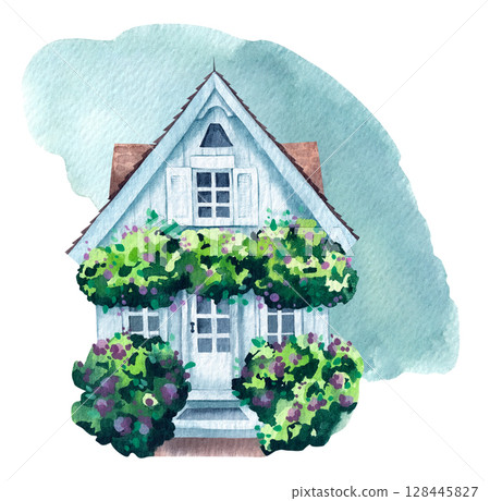 Garden watercolor cottage hand drawn collection 128445827