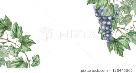 Rectangular frame with corner elements made of grapevine. Isolated watercolor illustration for restaurant menu design, shop windows, bottle labels, fair print design, harvest day. Rectangular frame with corner elements made of grapevine. Isolated watercolor illustration for restaurant menu design, shop windows, bottle labels, fair print design, harvest day. 128445865