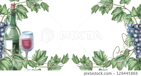 Rectangular frame with wine bottles, glass and bunches of grapes. Isolated watercolor illustration for restaurant menu design, shop windows, bottle labels, fair printed materials design. 128445868