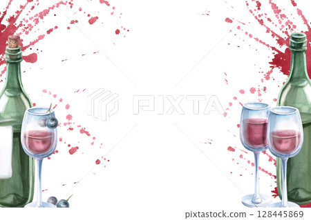 Rectangular frame with wine bottles, glasses and splashes. Isolated watercolor illustration for restaurant menu design, shop windows, bottle labels, fair print design. 128445869
