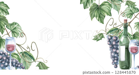 Rectangular frame with grapevine and bottle of wine. Isolated watercolor illustration for restaurant menu design, shop windows, bottle labels, fair printed materials design. Rectangular frame with grapevine and bottle of wine. Isolated watercolor illustration for restaurant menu design, shop windows, bottle labels, fair printed materials design. 128445870
