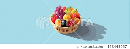 Isometric fruit basket filled with grapes, strawberries, and apples, set against a smooth blue background with drop shadows. 128445967