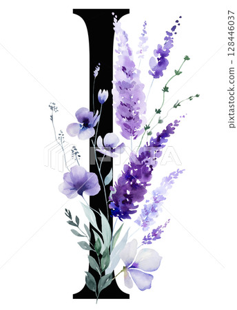 Black letter I with watercolor purple lavender flowers, summer floral wedding isolated monogram Black letter I with watercolor purple lavender flowers, summer floral wedding isolated monogram 128446037