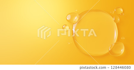 Background material of multiple water droplets on a yellow background. Copy space. 3D (horizontal) 128446080