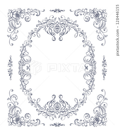 Vintage vector frame with a lot of floral elements, dividers, corners. Retro Victorian style. 128446155