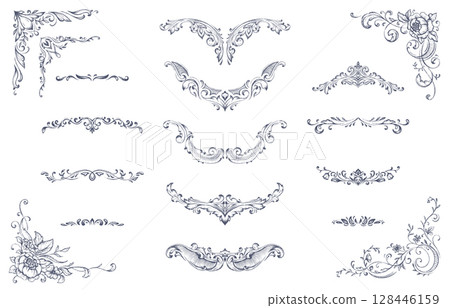 Set of vintage vector design elements, dividers, corners borders. Retro Victorian style. Set of vintage vector design elements, dividers, corners borders. Retro Victorian style. 128446159