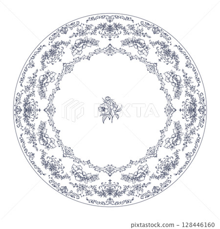 Vintage vector round composition a lot of floral elements, ornamental details. Retro Victorian style, Vintage vector round composition a lot of floral elements, ornamental details. Retro Victorian style, 128446160
