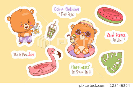 Cute summer beach bear with drink Cocktail and inflatable pool floats stickers set. Funny isolated  Animal kawaii character and cool vacation slogan. Vector illustration. Not AI 128446264