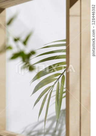 Soft sunlight through wooden windows, shadows, green leaves and texture of white walls. 128446382