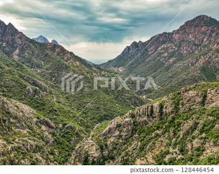 Corse, France Corsica marine french island Mediterranean Sea with hights mountains peak famous GR20 path 128446454