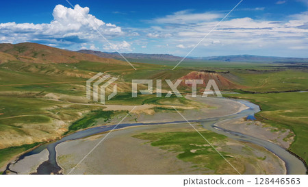 Aerial mountains landscape in Orkhon valley Aerial mountains landscape in Orkhon valley 128446563