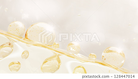 3d gold liquid cosmetic background with wavy surface and oil drops texture. Light yellow clear serum, collagen gel, retinol or biotin vitamin, circle bubbles for skin or hair care. 3D illustration 128447014