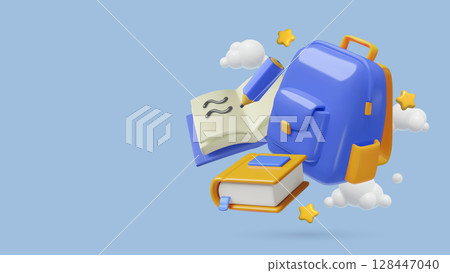 Education and study background with blue school bag books and pencil with stars and clouds Education and study background with blue school bag books and pencil with stars and clouds 128447040