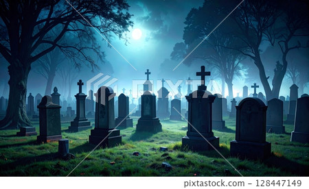 City skyline at sunset silhouettes a graveyard in the night, with buildings and skyscrapers reaching into the urban sky 128447149